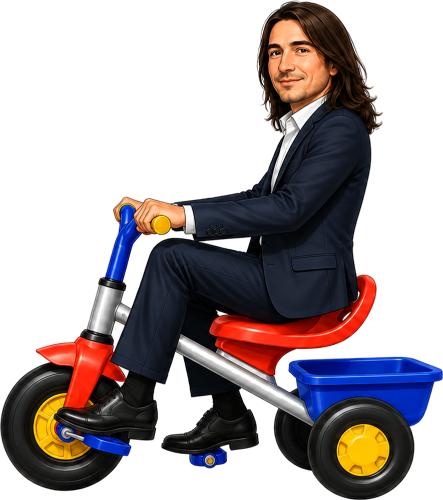 Vlad riding the Supercycle, a red and blue tricycle